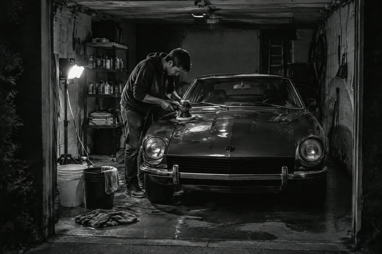 Black and white photo: a young detailer polishing a classic coupe in a one-bay garage at night