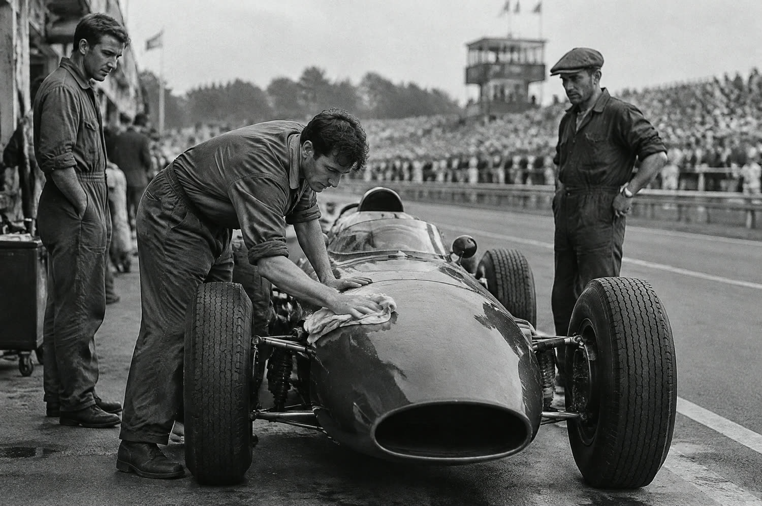 Black and white photo: a detailer wiping down a vintage race car in a pit lane