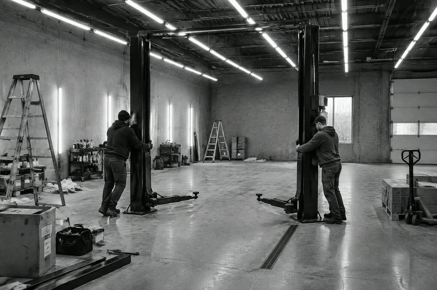 Black and white photo: two people fitting a car lift in an empty concrete workshop