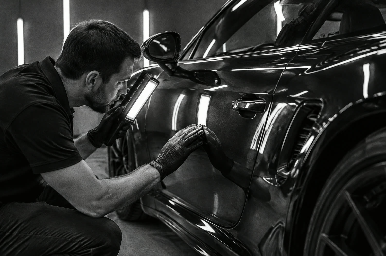 Black and white photo: a detailer inspecting a car door under a handheld light