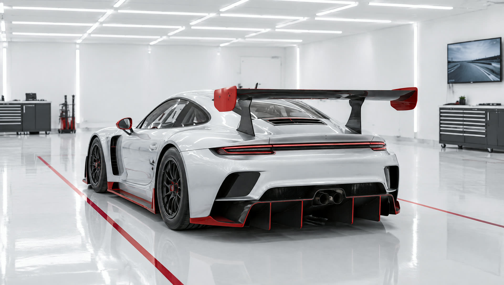 A silver-white GT car in the APEX studio