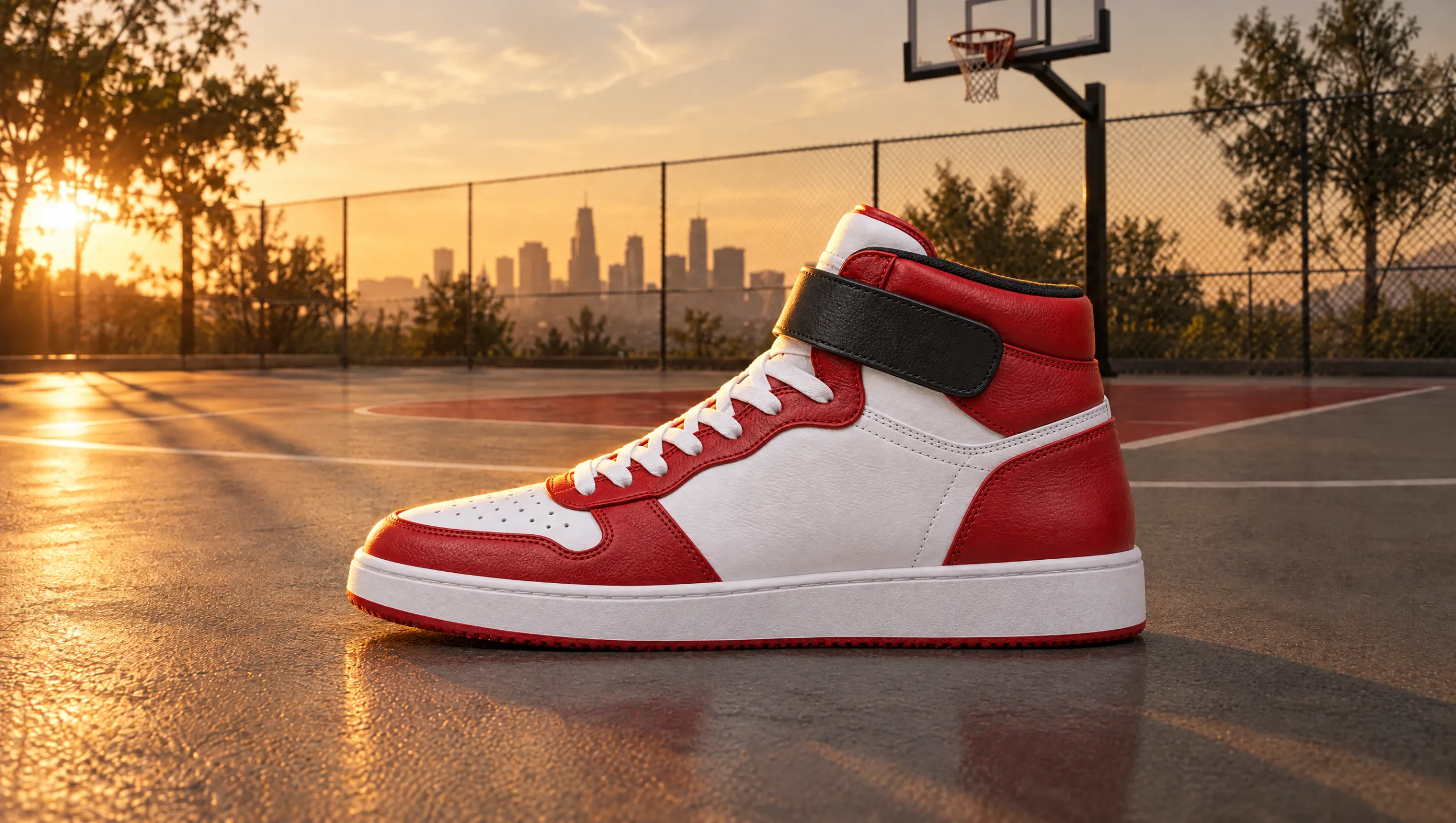 The Volta One Mid in Court Red standing on an outdoor basketball court at golden hour, the city skyline behind
