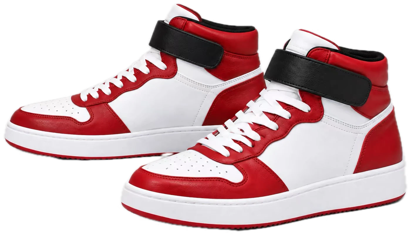 A pair of Volta One Mid sneakers in white, crimson and black
