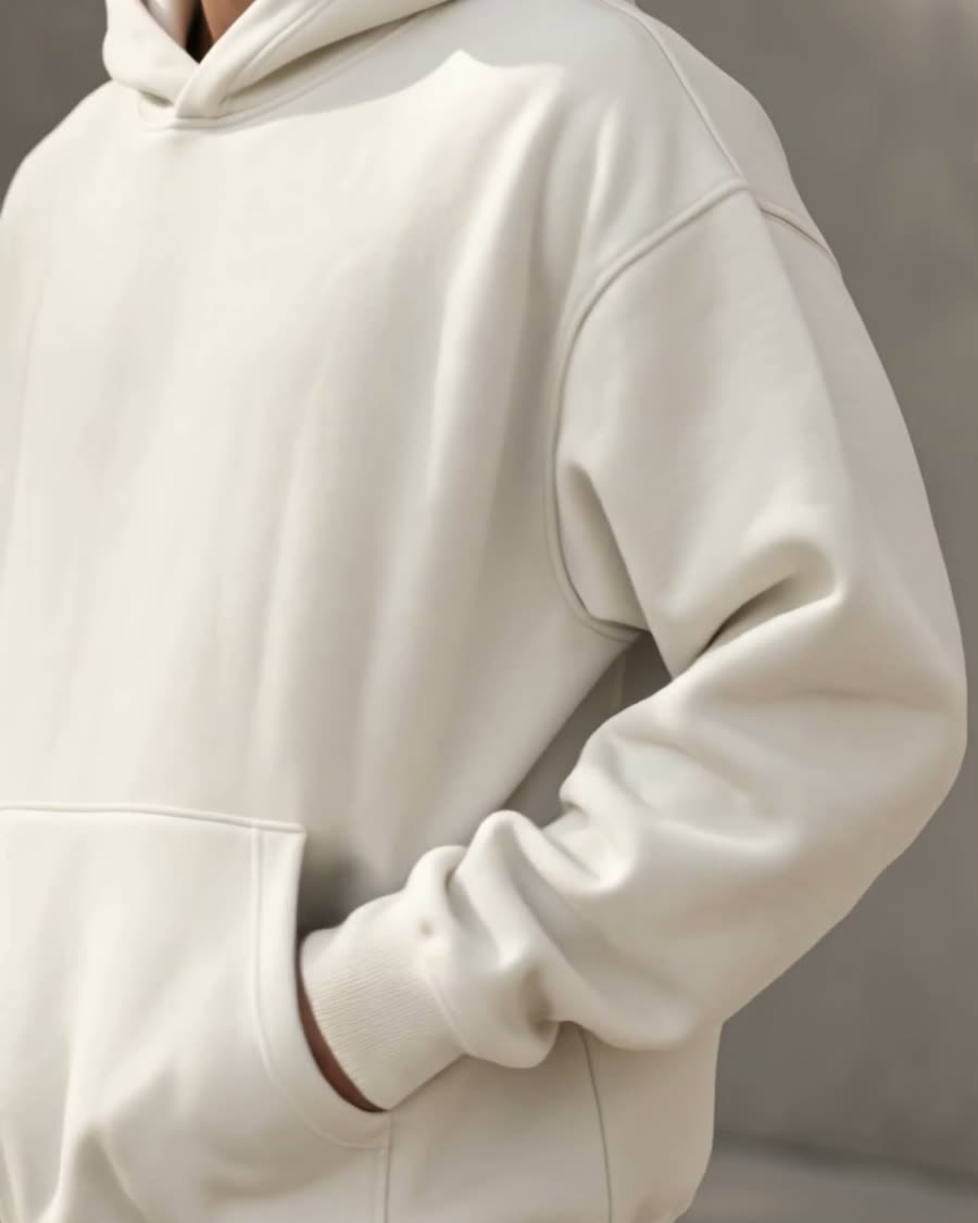 Hands resting in the front pocket of the ivory hoodie