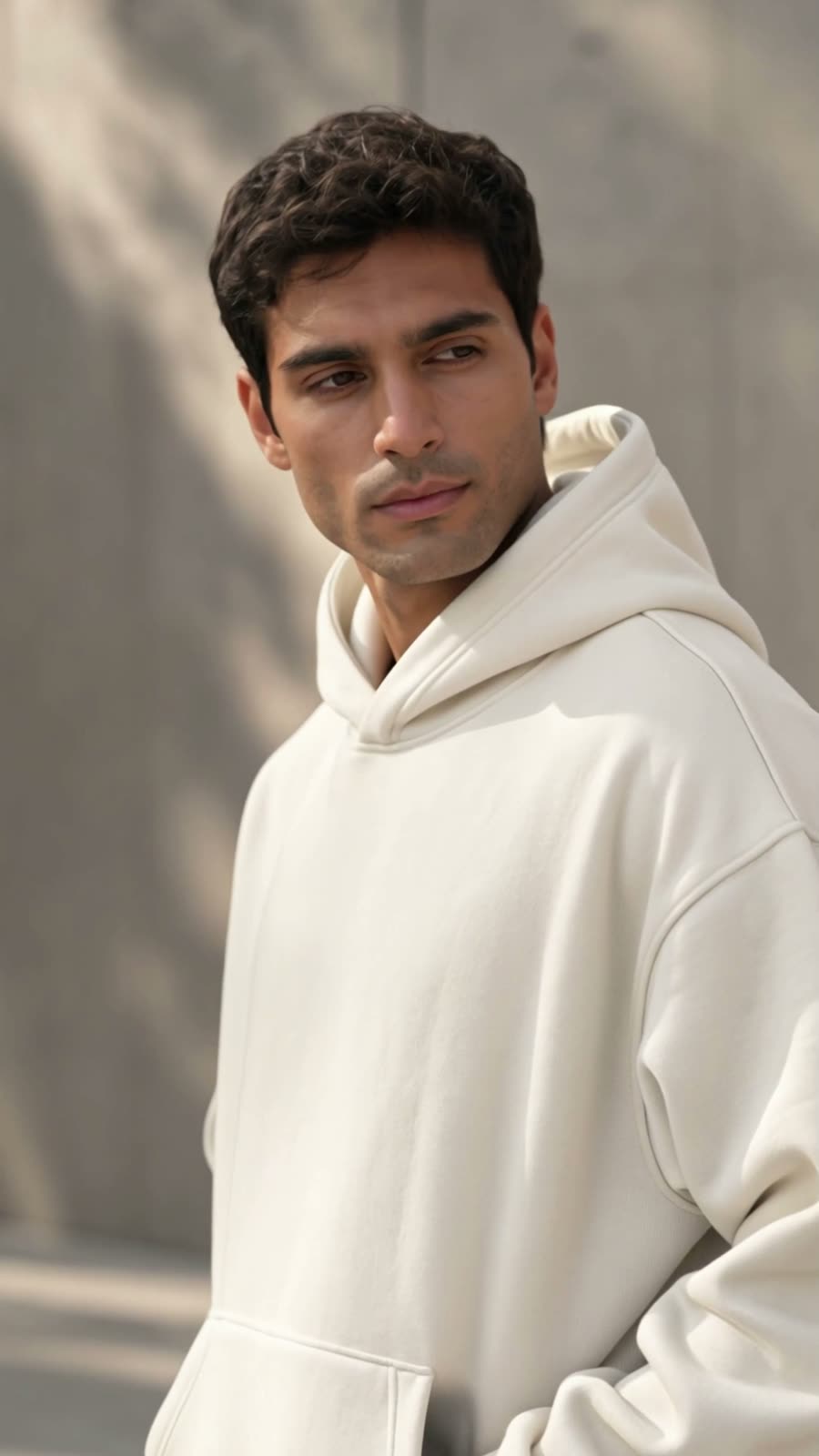 Portrait of a man in the ivory hoodie against a concrete wall, looking away