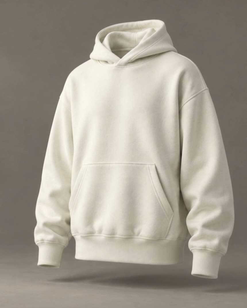 The QUIET FORM oversized hoodie in ivory, floating against a warm grey studio wall