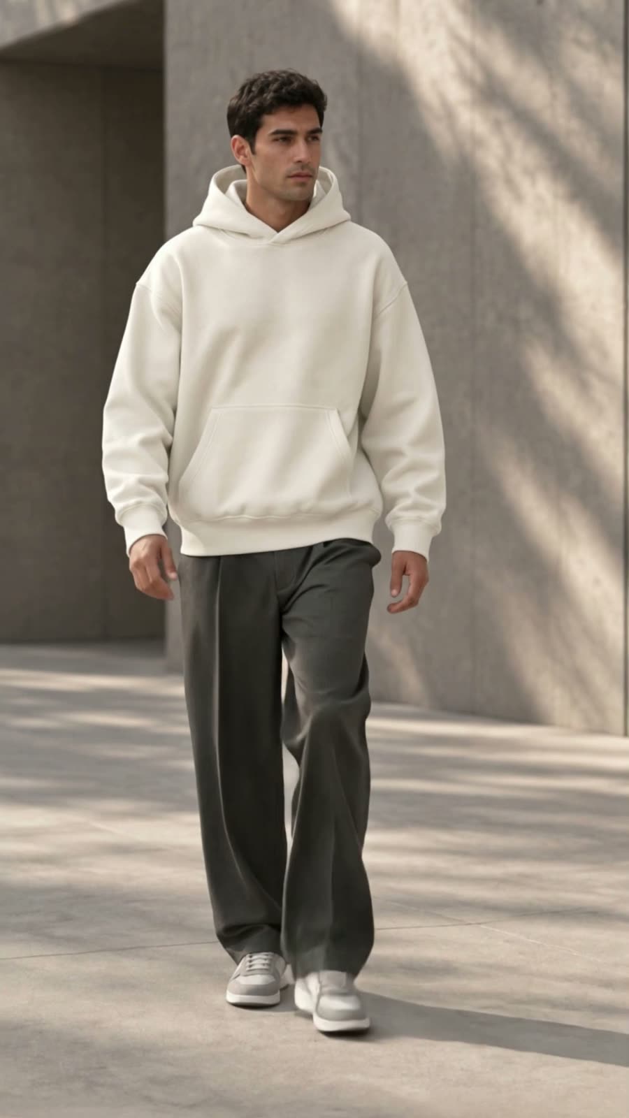 A man walking past a concrete wall in the ivory hoodie and charcoal trousers